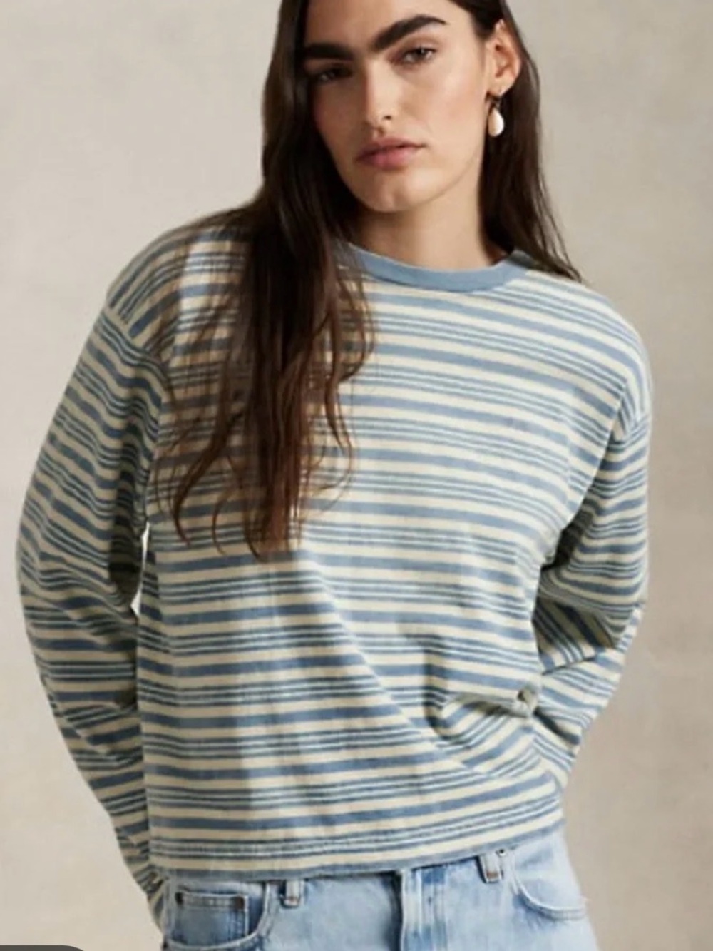 Polo by Ralph Lauren Light Blue and Cream Striped Long Sleeve Tee